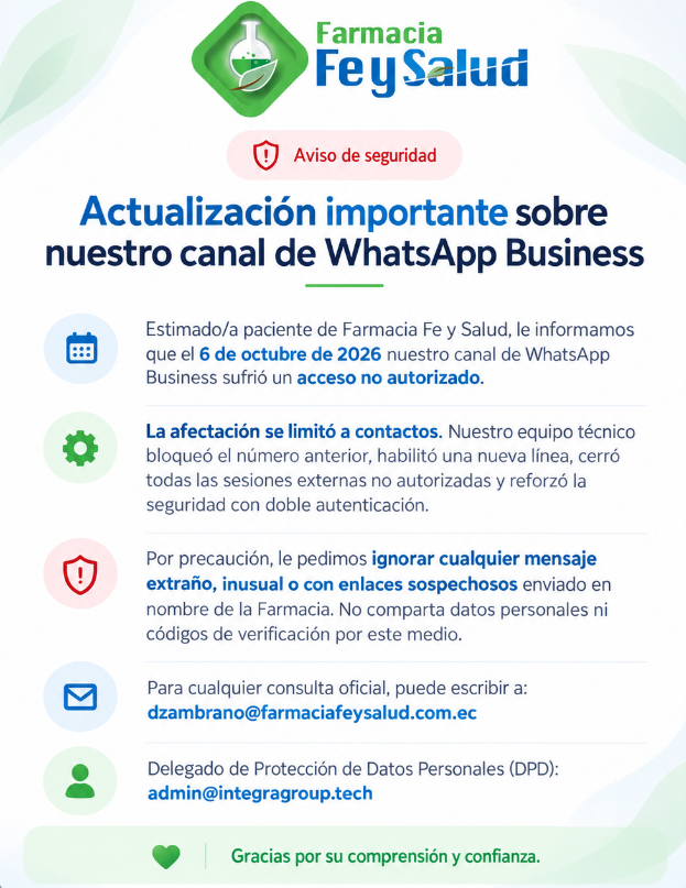 Aviso de seguridad Farmacia Fe y Salud